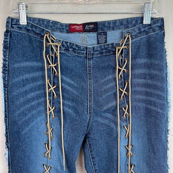 Younique Jeans Vintage Y2K Women's 9 Lace Up Leg Mid Rise Capris Stretch Denim - Picture 2 of 6